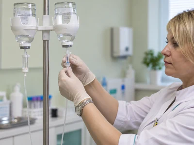 Медсестра подготавливает капельницу